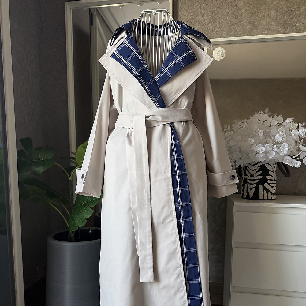 blue beige trench coat