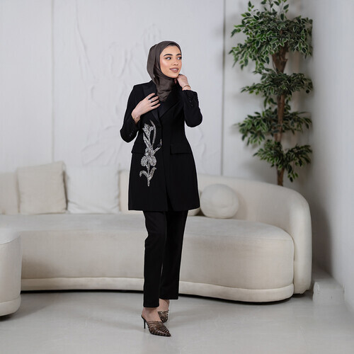 سترة بليزر مزينة بأحجار زهور ثلاثية الأبعاد