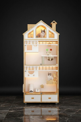منزل قطط خشبي متعدد الرفوف