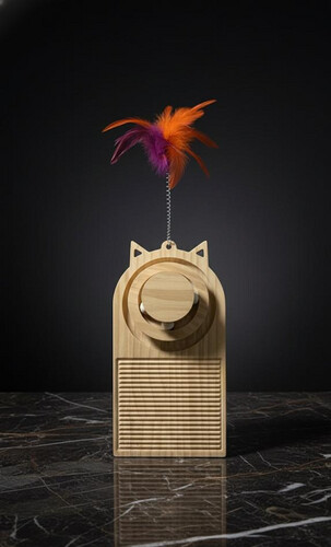 لوح خدش وتنظيف للقطط مع لعبة ريش وقاعدة خشبية