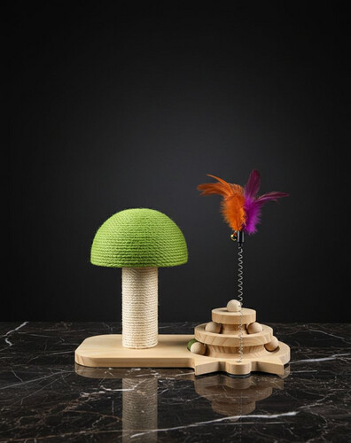 Interactive Wooden Cat Scratching Tower with Ball Track & Feather Toy