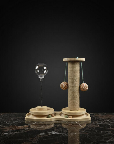 محطة لعب وخدش خشبية للقطط مع ألعاب معلّقة ومسار كرات ولعبة تفاعلية