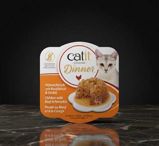 وجبة عشاء الدجاج مع اللحم البقري واليقطين للقطط من Catit – طعام رطب غني بالبروتين (75 جم × 6)