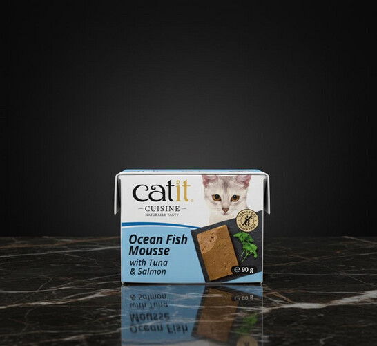 موس المحيط بالسمك مع التونة والسلمون من Catit – طعام رطب للقطط (90 جم × 12)