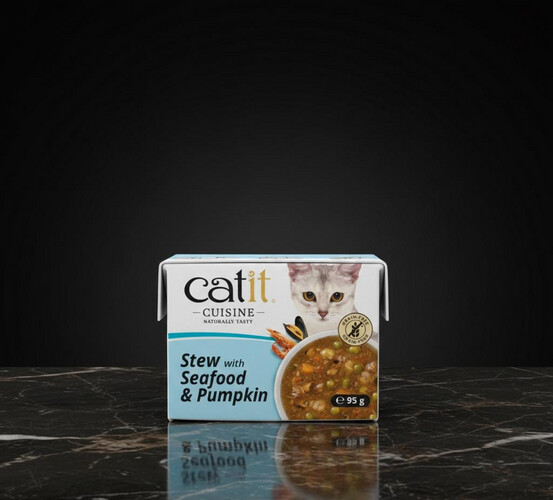 يخنة المأكولات البحرية مع القرع من Catit – طعام رطب للقطط (95 جم × 12)