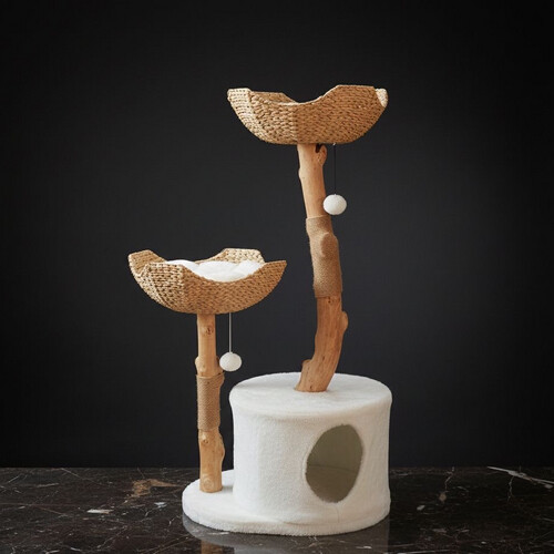 Luxury Natural Cat Tree with Woven Baskets