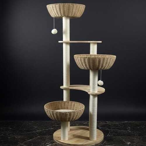 Luxury Natural Cat Tree with Three Woven Baskets