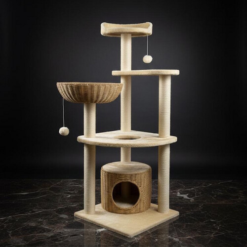 برج قطط طبيعي متعدد المستويات مع سلة وبيت مغطّى