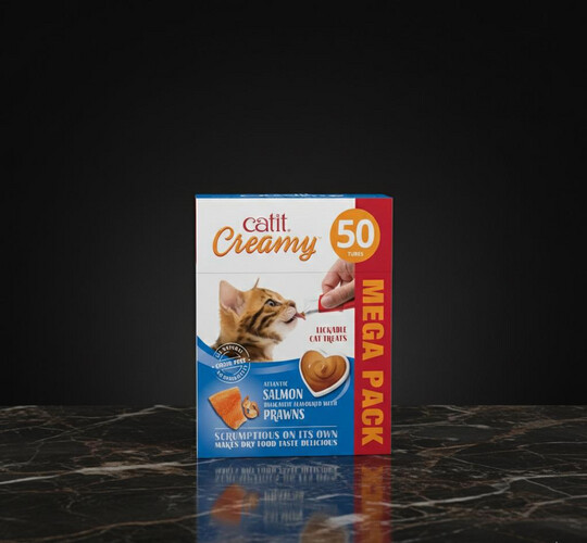 مكافآت كريمية للقطط من Catit بنكهة السلمون مع الروبيان – عبوة ميغا (50 أنبوب)