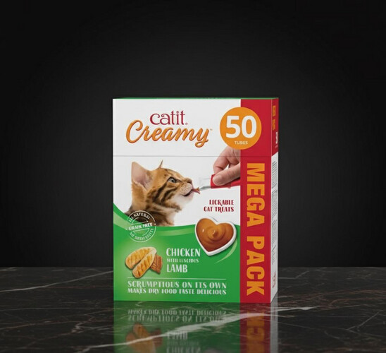 مكافآت كريمية للقطط من Catit بنكهة الدجاج مع لحم الضأن – عبوة ميغا (50 أنبوب)