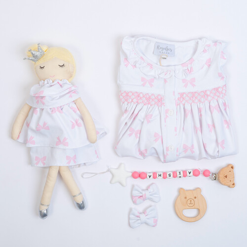Royal Pcs 71 A girl's set consisting of (3box,pacifier hanger ,wooden toy, doll, dress, and hair cl
