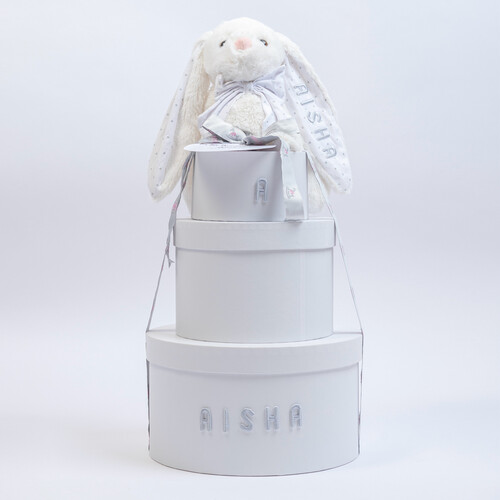 A girl's set consisting of (3box,pacifier hanger ,wooden toy, bunny , overall, blanket and head cup)