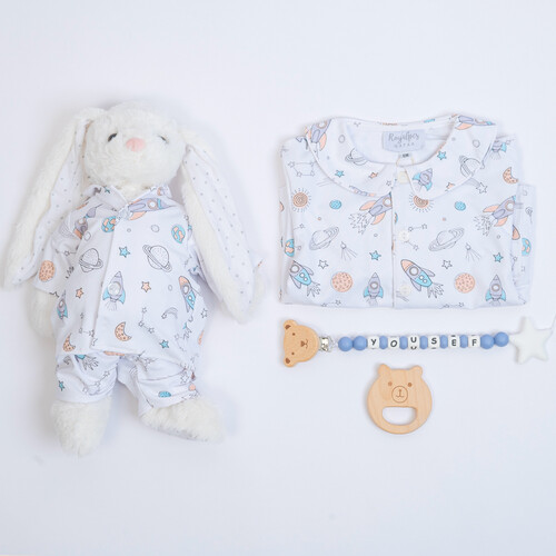 A boy set consisting of (1box,pacifier hanger ,wooden toy, bunny , pajama)