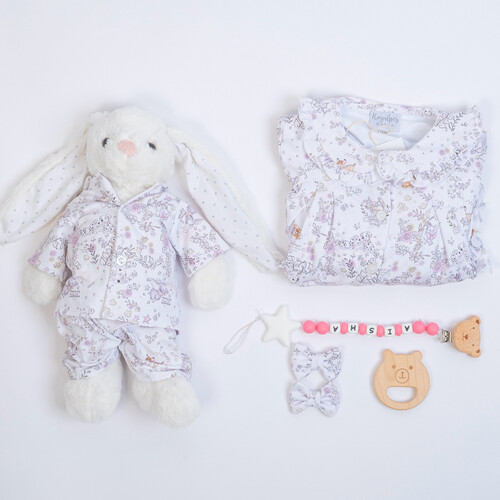 Royal Pcs 75 A girl set consisting of (1box,pacifier hanger ,wooden toy, bunny, pajama, and hair cli