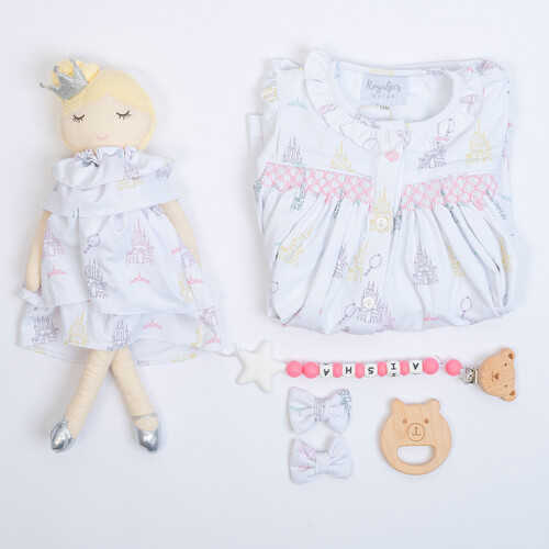 Royal Pcs 73 A girl set consisting of (1box,pacifier hanger ,wooden toy, doll, dress, and hair clips