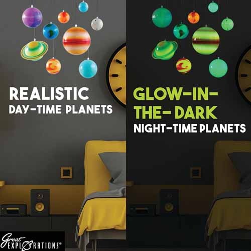3-D Solar System Glow In The Dark Ceiling Hanging Kit 3D Planets and Star Stickers Create the Milky