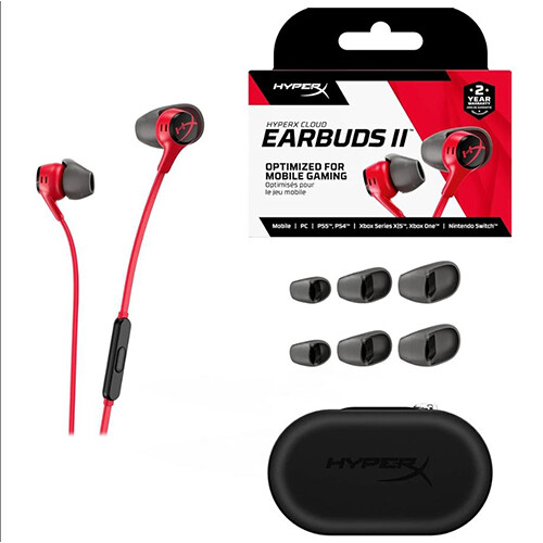 HyperX Cloud Earbuds II – 14mm Drivers, Four Eartips, Hard-Shell Carrying Case, Low-Profile 90° Plug
