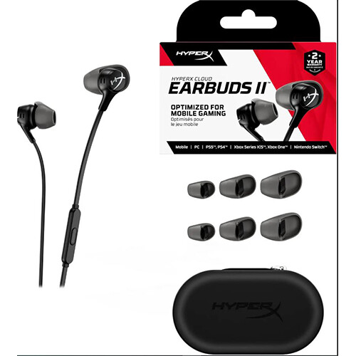 HyperX Cloud Earbuds II – 14mm Drivers, Four Eartips, Hard-Shell Carrying Case, Low-Profile 90° Plug