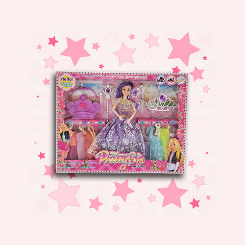 Dolls with clothes and accessories in a large box