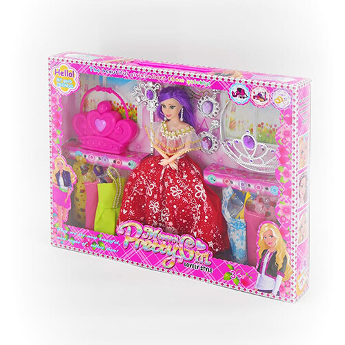 Dolls with clothes and accessories in a large box